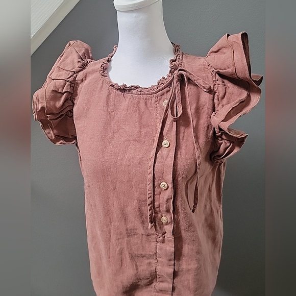 Sita Murt 100% Linen Blouse Ruffled Cap Sleeve Asymmetrical Button Size L/42 - Picture 3 of 8